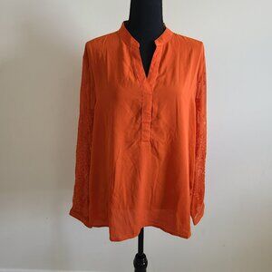 Chico's lightweight bohemian orange blouse sz 3 V-neck embroidered sleeves